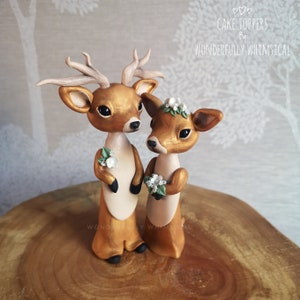Renne cerf décoration de gâteau de mariage cerf biche famille cadeau ornement Figurine rustique forêt forêt hiver fait main argile mariée marié Sculpture