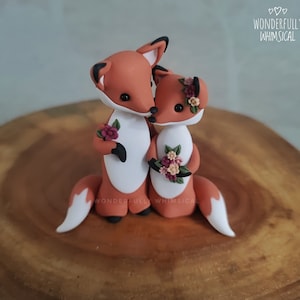 Mini Small Fox Wedding Cake Topper Red Foxes Animal Handmade Clay Bride Groom Rustic Woodland Forest Sculpture Custom Keepsake Autumn Winter
