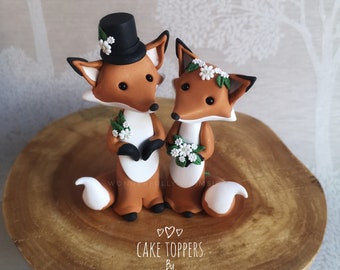 Fox Wedding Cake Topper Red Foxes Animal Handmade Clay Bride Groom Autumn Winter Fall Rustic Woodland Forest Sculpture Custom Keepsake