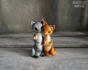 Cat Kitten Wedding Cake Topper Animal Handmade Clay Bride Groom Rustic Woodland Sculpture Custom Keepsake Autumn Winter Decoration Grey Gold