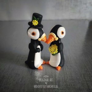 Puffin Bird Wedding Cake Topper Mini Small Animal Handmade Clay Bride Groom Rustic Woodland Forest Sculpture Ornament Figure Custom Keepsake