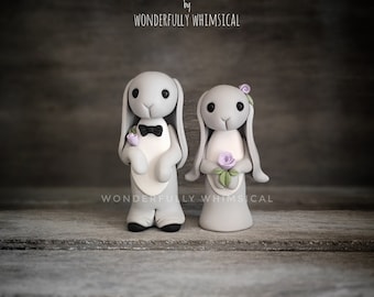 Bunny Rabbit Wedding Cake Topper Mini Animal Handmade Clay Bride Groom Autumn Winter Rustic Woodland Forest Sculpture Custom Keepsake