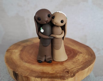 Bunny Rabbit Brown Wedding Cake Topper Animal Handmade Clay Bride Groom Spring Summer Woodland Forest Sculpture Keepsake Custom Personalise