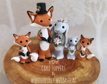 Fox Bunny Rabbit Wedding Cake Topper Bridesmaid Page Boy Family Animal Bride Groom Winter Forest Decoration Ornament Keepsake Clay Sculpture