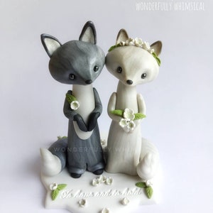 Fox Wedding Cake Topper Silver Arctic White Foxes Animal Handmade Clay Bride Groom Rustic Woodland Forest Sculpture Custom Keepsake Theme