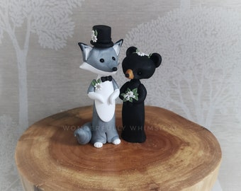 Wolf Black Bear Wedding Cake Topper Animal Handmade Ornament Decoration Clay Bride Groom Silver Grey Fox Woodland Forest Custom Keepsake