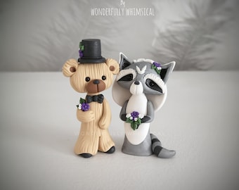 Mini Bear Raccoon Wedding Cake Topper Red Foxes Animal Handmade Clay Bride Groom Rustic Woodland Forest Sculpture Custom Keepsake Whimsical