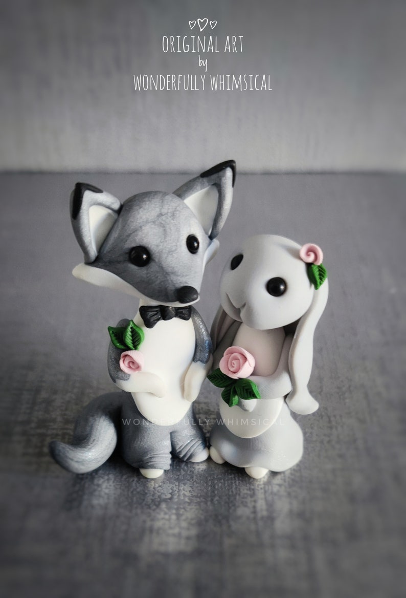 Wedding Toppers Rabbit Wolf Bunny Rabbit Wedding Cake Topper Mini Animal Handmade Clay Bride ...