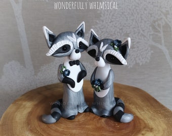 Raccoon Wedding Cake Topper Animal Handmade Clay Bride Groom Rustic Woodland Forest Sculpture Custom Keepsake Whimsical Ornament