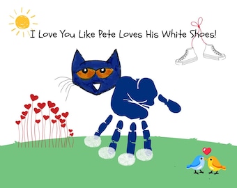 ピート・ザ・キャットのバレンタイン手形クラフト、「I Love You」アート（PDFデジタルダウンロード）