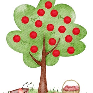 May include: Watercolor illustration of an apple tree with red apples. A brown wheelbarrow and a wicker basket filled with apples sit on the green grass. Several apples are scattered on the ground.