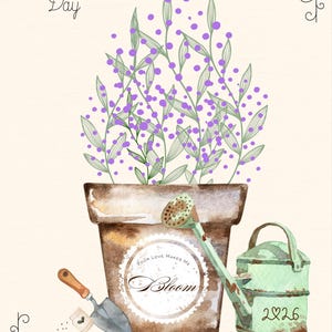 May include: Watercolor illustration with a Valentine's Day theme. Features a potted plant with purple flowers, a watering can, and gardening tools. The text "Happy Valentine's Day" is at the top.