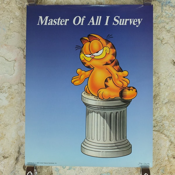 1978 Garfield Poster, Garfield on a plinth saying Master of all I Survey, by Jim Davis, colourful print wall art retro decor