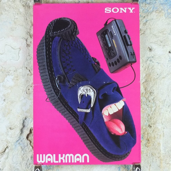 1993 Sony Walkman Poster, colourful retro advertising for the first portable music cassette player, gifts for music lovers, wall art decor