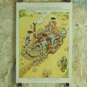 Póster original vintage de Gentle Art of Making Guinness, "Temprano en la mañana en la granja", publicidad de cerveza negra irlandesa, impresión de arte de pared retro de los años 80.