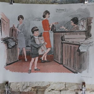 Original Vintage Französisch MDI Schule Plakat Kleidung Mode Delikatessen Markt Wandkunst doppelseitige frühe Jahre Retro-Innenarchitektur der 1970er Jahre