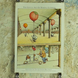Póster vintage original del arte de la elaboración de Guinness en la industria de la maltería que anuncia cerveza negra irlandesa, impresión de arte mural retro de los años 80.