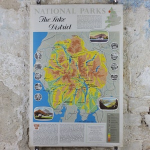 1970 Lake District Poster, National Parks, Cumbria, Scarfell Pike, Windermere, Wordsworth, Travel and Tourism, walking trail, wall art decor
