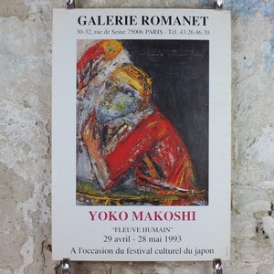 May include: Poster for Galerie Romanet featuring an abstract painting by Yoko Makoshi. The artwork depicts a figure in red and yellow hues against a dark background. Text includes the gallery name, address, and event details.