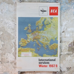 1967 BEA Europa Route Map Poster, British European Airways, Original Vintage Winter 1967-68, Flugreisen Tourismus, Retro Kunst