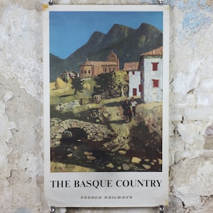 1968 SNCF El cartel del País Vasco, paisaje del pueblo vasco de montaña del sur de Francia, por Roland Oudot, decoración retro de arte mural