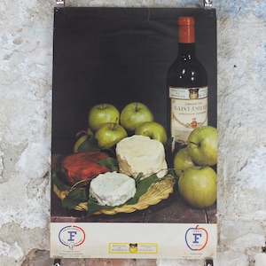 1960s Cheeses of France Poster, soft cheeses with apples, "Fromages de France", cheesemaking, viticulture, kitchenalia wall art decor