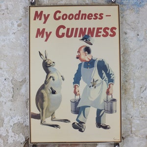 1990s My Goodness My Guinness Poster, from Guinness Museum, By John Gilroy 1942, kangaroo, joey and zookeeper, Wall art retro decor image 1