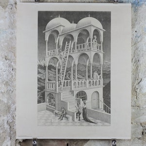 1958 Vintage M.C. Escher Poster, Belvedere, Surrealism Dutch print from Cordon Art from Baarn Holland, wall art decor image 1