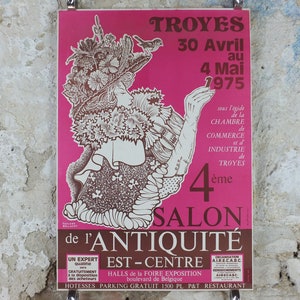 1975 French Antique Market Poster, Brocante and Braderie in Troyes in bold purple and magenta, wall art decor