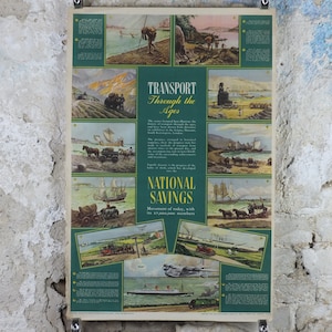 1948 Original National Savings Poster, Planes, Trains, Automobiles, Transport through the Ages, England, wall art retro decor