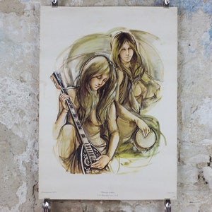 Cartel de músicos de mandolina y pandereta de la década de 1970, por A Bergmann, francés, Chanson a deux, decoración de arte mural de música