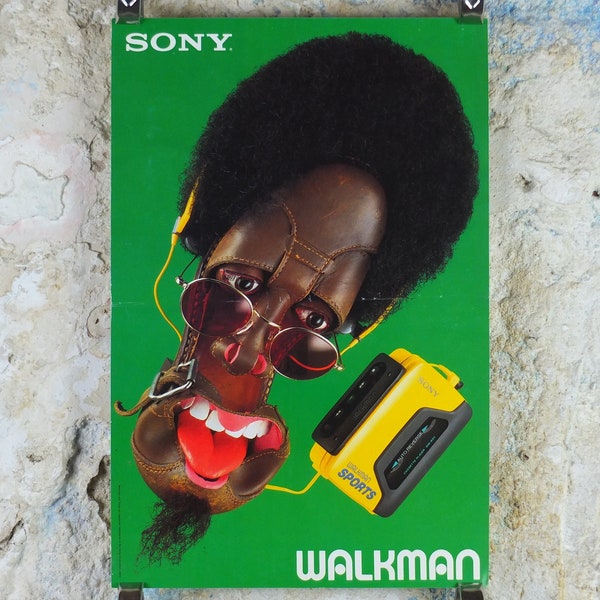 1993 Sony Walkman Poster, colourful retro advertising for the first portable music cassette player, gifts for music lovers, wall art decor