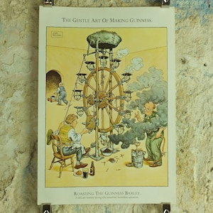 Póster original vintage del "Arte suave de hacer Guinness", publicidad de cerveza "Tostando cebada", impresión de cerveza negra irlandesa, arte de pared retro de los años 80.