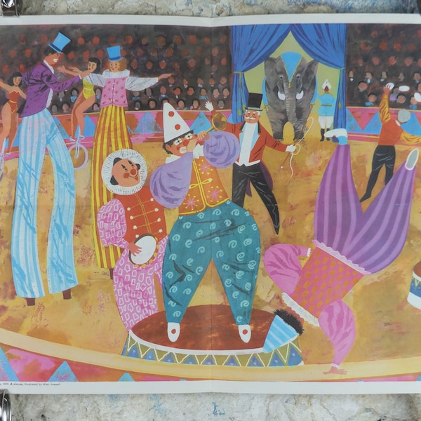 1970 Child Education Circus Poster, Clowns, Ringmaster, Elephant, mid century print, wall art