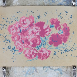 Poster floreale del 1930 di Guy Serre, Fiori francesi Fleurs, Opera d'arte originale a guazzo firmata su questa carta, decorazione retrò di arte murale