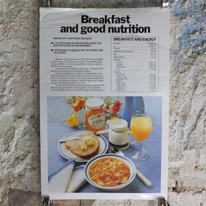 Op de afbeelding: Een vintage poster met de titel "Ontbijt en goede voeding". De afbeelding toont een ontbijtmaaltijd met ontbijtgranen, toast, sinaasappelsap en marmelade. Er staat ook informatie over de voedingswaarde.