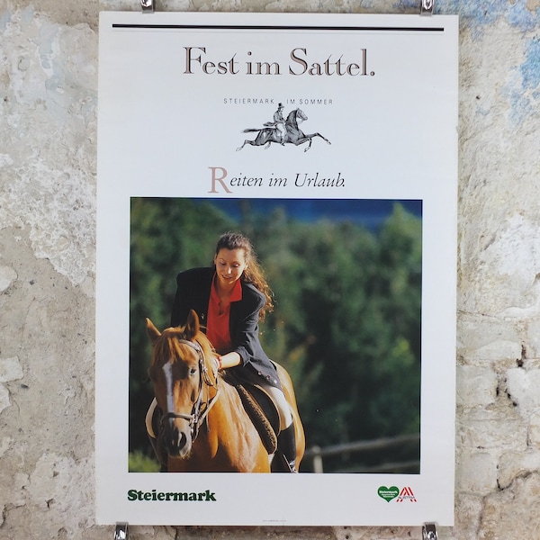 1990s Steiermark Styria Poster, Fest im Sattel, Reiten in Urlaub, Pferd, Horse, Austria travel tourism, wall art decor