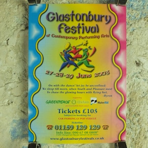 Original Vintage Glastonbury Festival 2003 Poster Greenpeace REM Suede David Gray moby radiohead concert gig show music print wall art 1990s