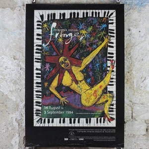 1994 Edinburgh Festival Fringe Poster, Arts Festival, dancing girl, sun, piano, artwork by Paul Kennedy, wall art decor