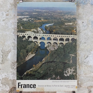 1960s Pont du Gard Nimes Poster, Roman Aqueduct, France, travel wall art decor