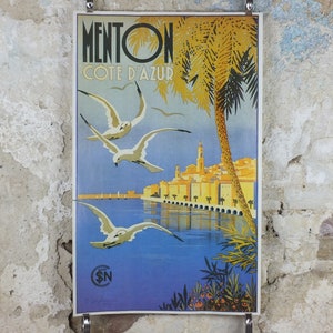 Menton Cote d'Azure Poster, SNCF Französische Riviera, Reproduktion aus den 1980er Jahren, Wandkunstdekor