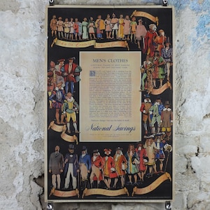 1948 Poster di risparmio nazionale originale, costumi storici, moda maschile nel corso degli anni, Inghilterra, decorazioni retrò di arte murale