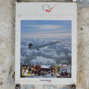 Cartel de British Airways de los años 80, Concorde, BA "Calidad en el servicio al cliente" para la tripulación de cabina, BA Aviation, decoración de arte de pared de viaje
