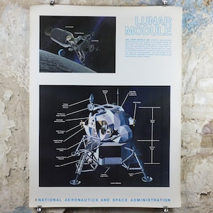 Può includere: Un poster vintage con un'illustrazione dettagliata di un modulo lunare, con componenti etichettati e un diagramma di un'astronave nello spazio. Il poster include il testo "Lunar Module" e "National Aeronautics and Space Administration."