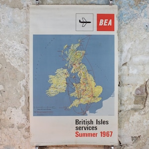 1967 BEA British Isles Route Map Poster, British European Airways, Original Vintage Sommer 1967, Flugreisen Tourismus, Wandkunst Retro-Dekor