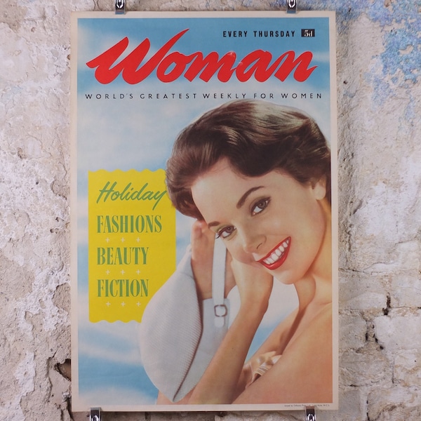 1950s Woman Newsagent Poster, weekly beauty fashion holiday fiction, magazine media print wall art retro