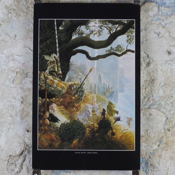 Vintage keltischer Mythos von John Howe Poster, Fantasy, Einhorn, Zauberer, Ritter, Fee, Steinring, Illustrationsdruck, Wandkunstdekor