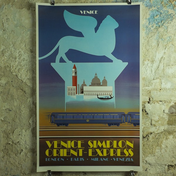 Original Vintage French Venice Simplon Orient Express Poster Fix Masseau Venezia luxury train art deco nouveau Advertising wall art 1980s