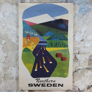 1950er Jahre Nordschweden Reise Poster, von Olle Skrede, Schwedischer Verkehrsverein, Berge, Flüsse, Tourismus Urlaub Wand Kunst Dekor