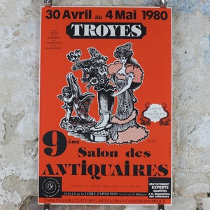 1980 French Antique Market Poster, Brocante and Braderie in Troyes in bold burnt orange, wall art decor